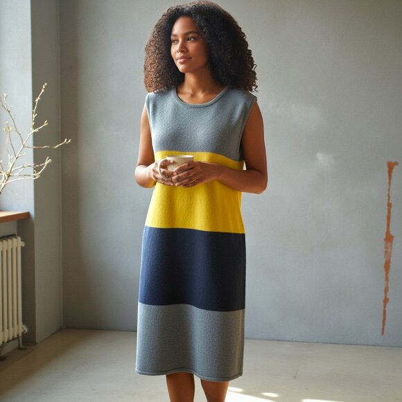 Calvin Klein Knit Sleeveless Sweater Dress Grey Yellow Color Block Chic Style - Picture 4 of 4